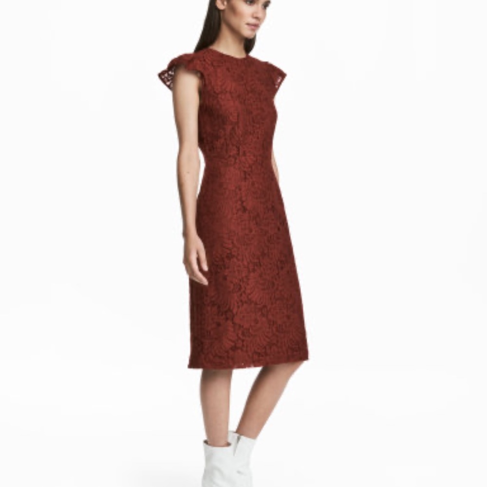 H&M Knee-length full lace dress - Cap Sleeves - Lined - Rust/Auburn Color